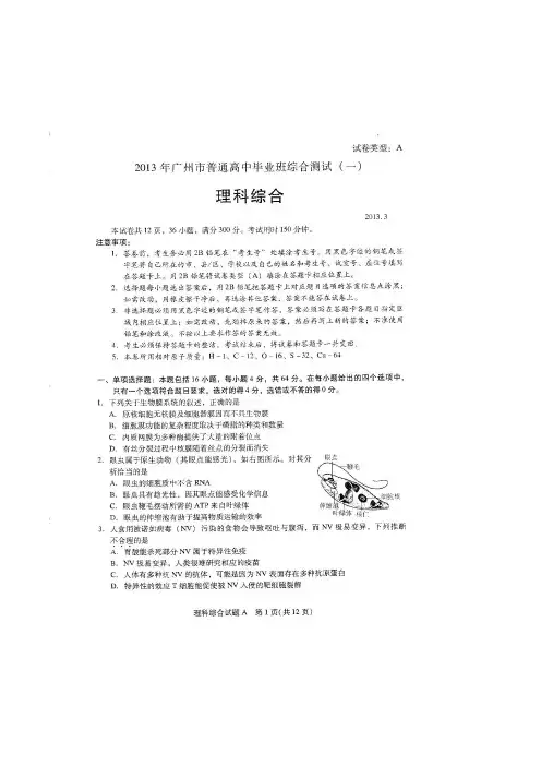 2013年广州市普通高中毕业班综合测试(一) 理科综合 生物化学物理全套 扫描版