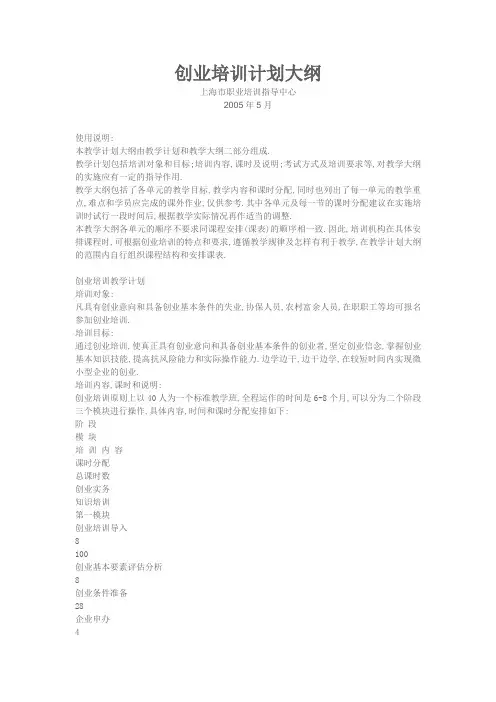 创业培训计划大纲