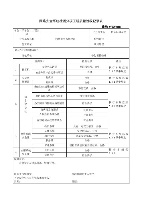 网络安全系统检测分项工程质量验收记录表