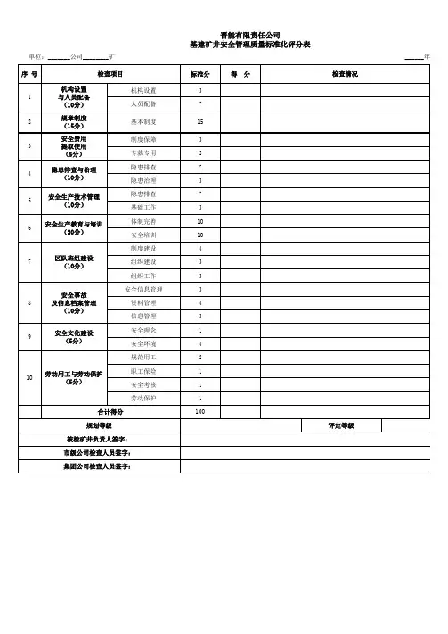 安全管理质量标准化评分汇总表