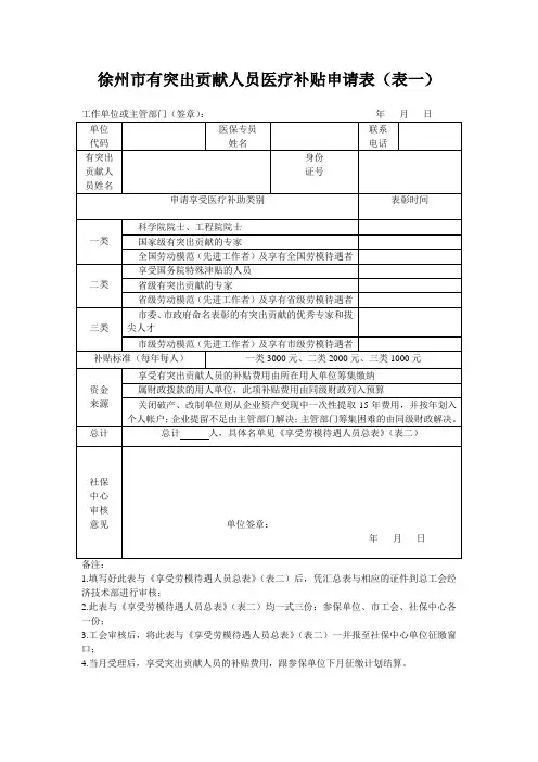 徐州市有突出贡献人员医疗补贴申请表(表一)