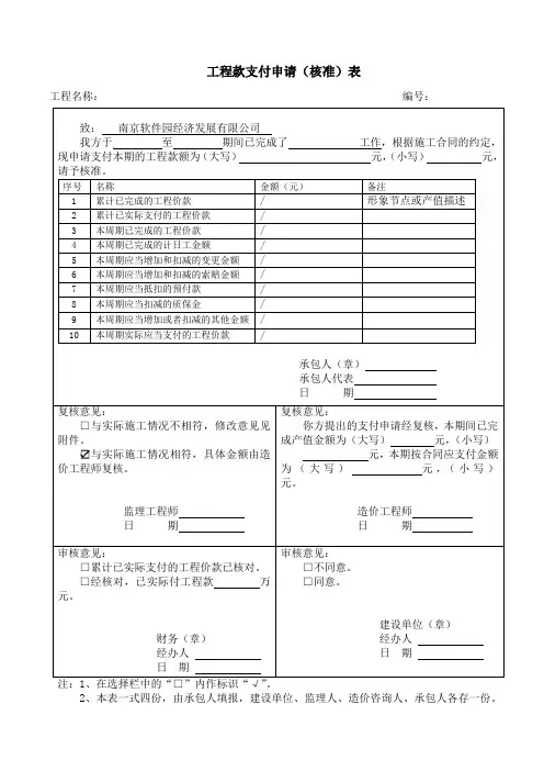 工程款支付申请(批准)表2019版