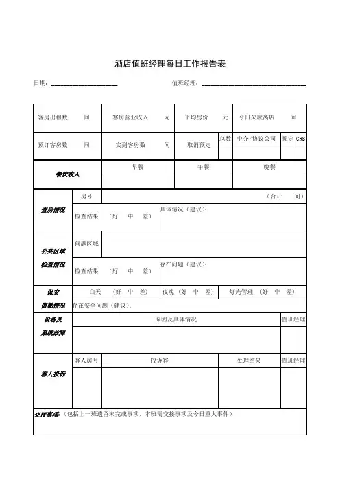 酒店值班经理每日工作报告表