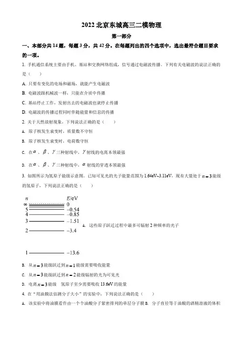 2022届北京市东城区高三(下)二模物理试题(含解析)