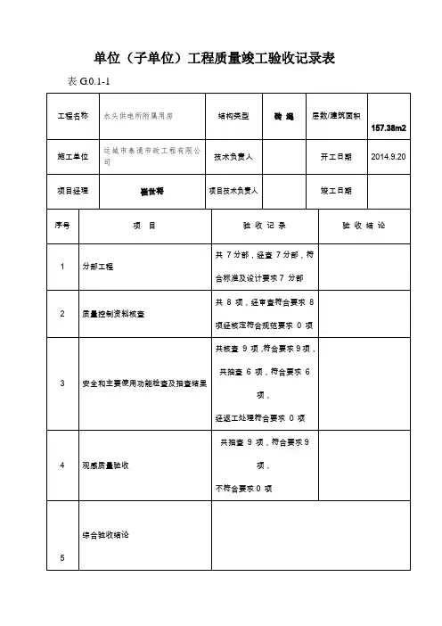 1单位(子单位)工程质量竣工验收记录表