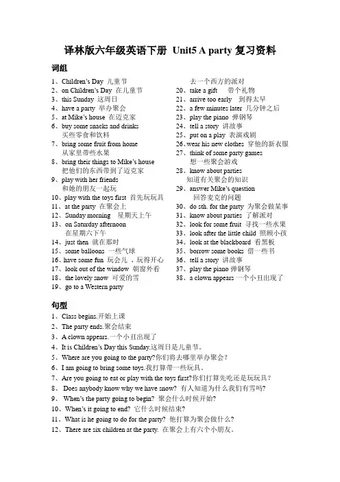 译林版6B英语 Unit5 A party复习资料