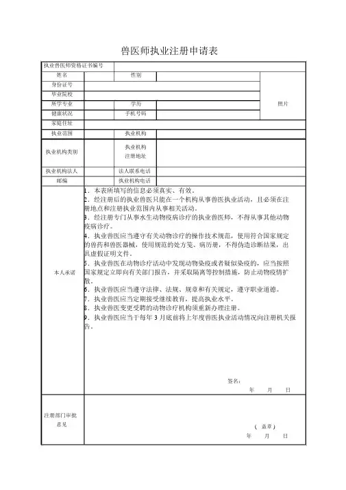 兽医师执业注册申请表