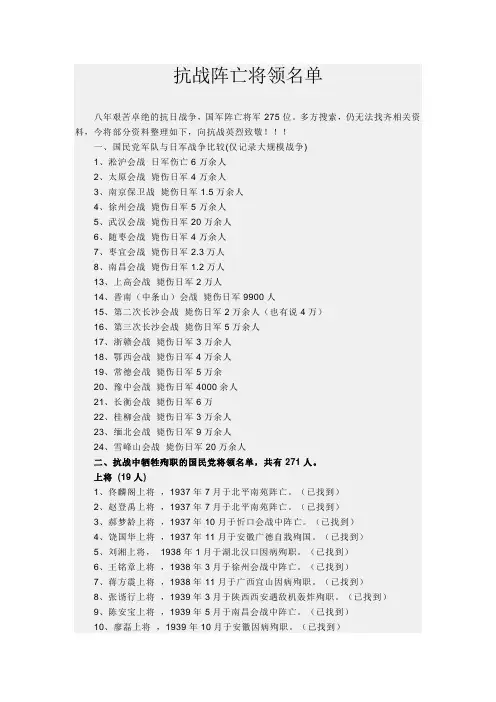 抗战阵亡将军名单
