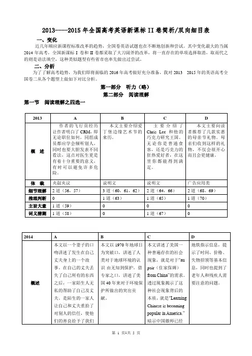 2013----2015年高考英语全国新课标II卷简析 双向细目表