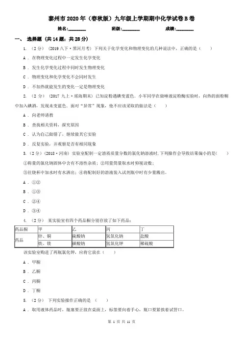 泰州市2020年(春秋版)九年级上学期期中化学试卷B卷