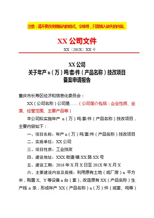 XX公司技改项目备案申请报告(模板)