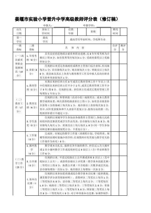 中小学高级教师职称评审细则