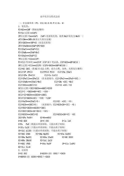 高中化学方程式总结(免费)