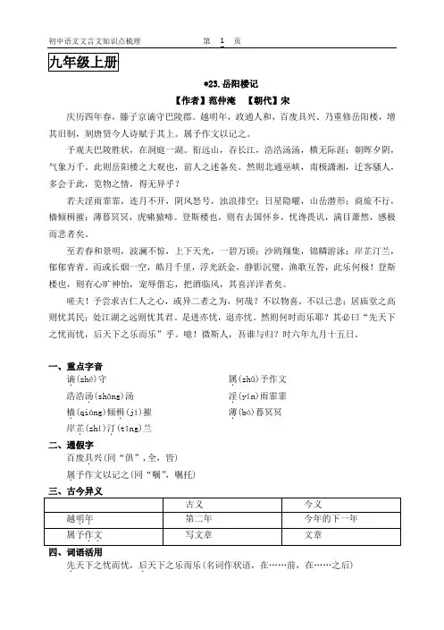部编版初中语文文言文知识点梳理  九年级上册
