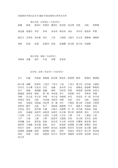 爱他教育中国人民大学2013年拟录取硕士研究生名单