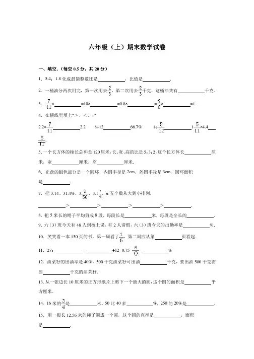 六年级上册数学期末试卷----综合考练 (17)