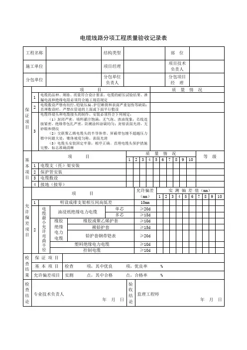电缆线路分项工程质量验收记录表