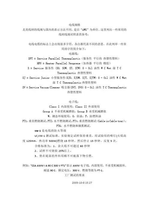 AWG美标电线规格