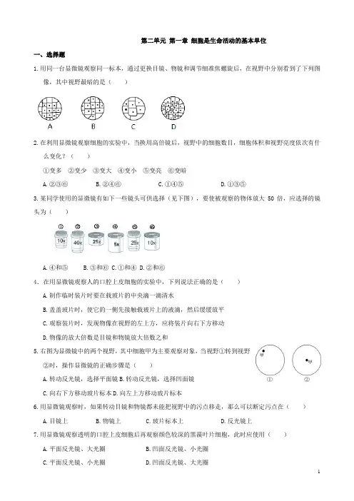 人教版七年级上册生物第二单元 第一章 细胞是生命活动的基本单位练习题