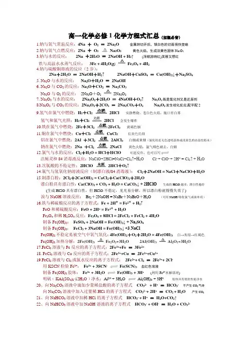 人教版高一化学必修1化学方程式(加粗必背)-自己总结的最全的方程式复习进程