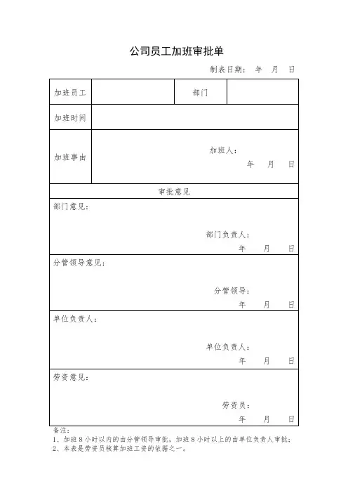 公司员工加班审批单