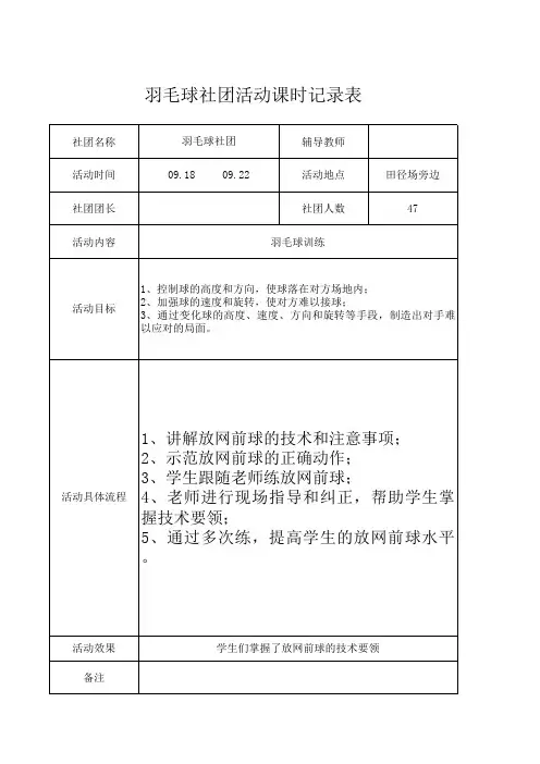 羽毛球社团活动课时记录表