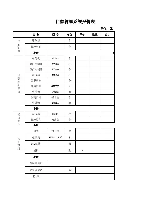 门禁管理系统报价格式及标准报价1