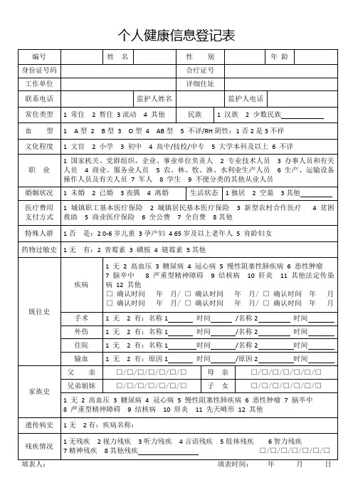 个人健康信息登记表
