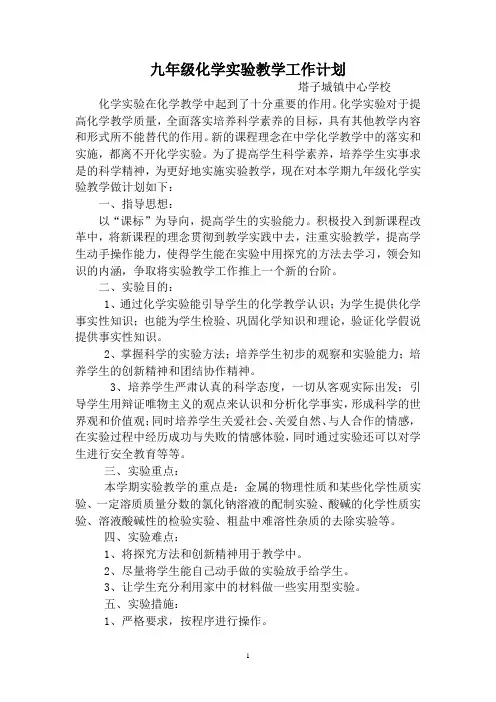 九年级化学实验教学工作计划