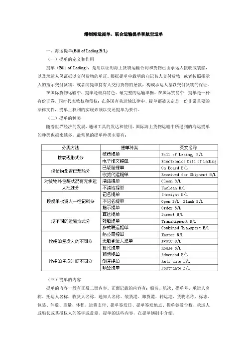 缮制海运提单、联合运输提单和航空运单