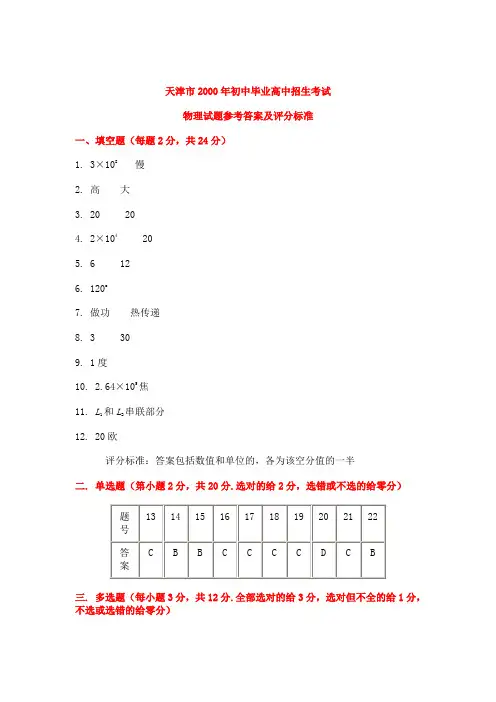 天津市2000年中考物理试卷及参考答案