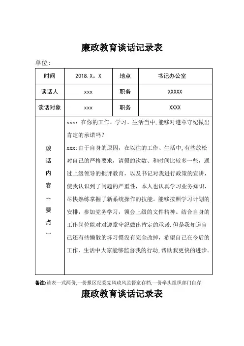 廉政教育谈话记录表