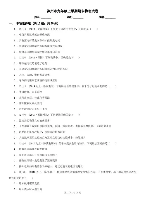 漳州市九年级上学期期末物理试卷