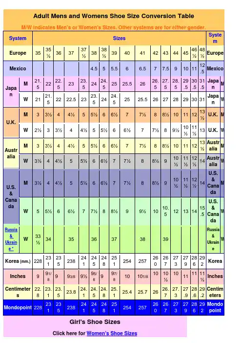 美码欧码鞋码对照