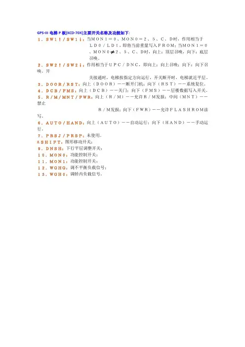 三菱GPS-III电梯P板主要开关名称及功能
