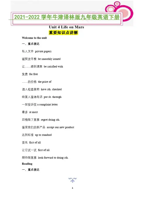 Unit4重要知识点讲解2020-2021学年牛津译林版九年级英语下册