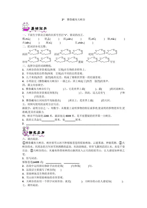 四年级语文上册《2.雅鲁藏布大峡谷》练习题