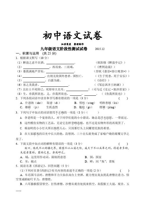 苏教版九上语文  阶段性测试试卷    .12