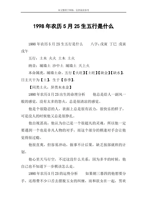 1998年农历5月25生五行是什么