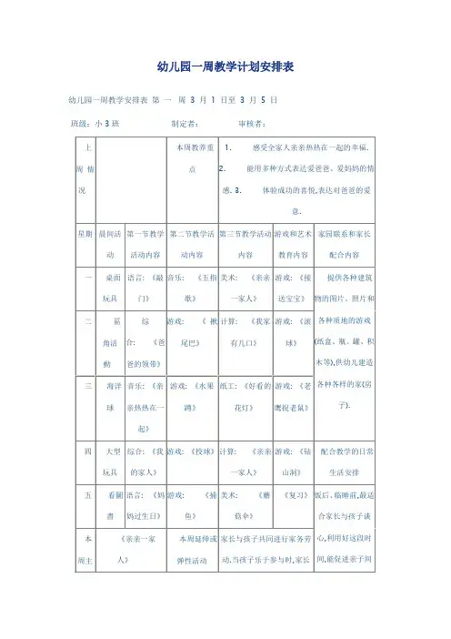 教学计划-幼儿园一周教学计划安排表