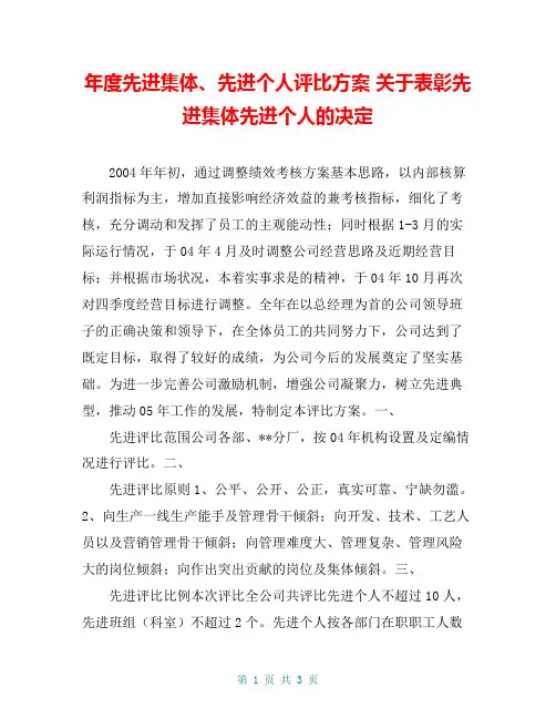 年度先进集体、先进个人评比方案 关于表彰先进集体先进个人的决定