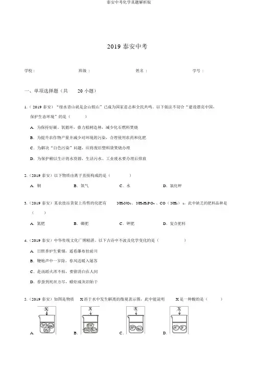 泰安中考化学真题解析版