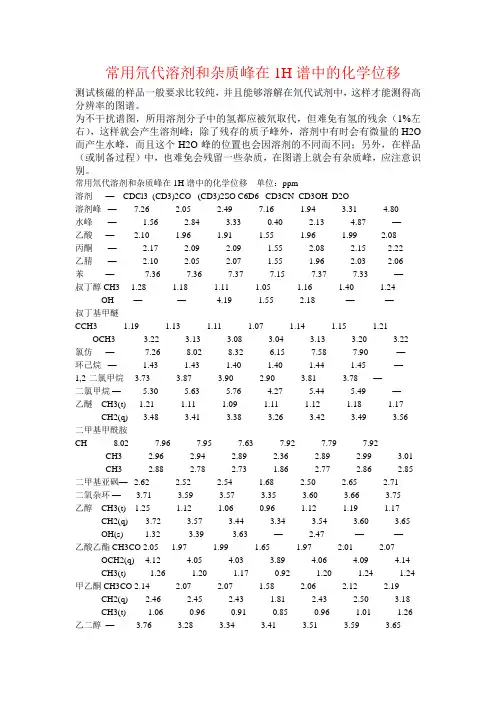 常用氘代溶剂和杂质峰在1H谱中的化学位移