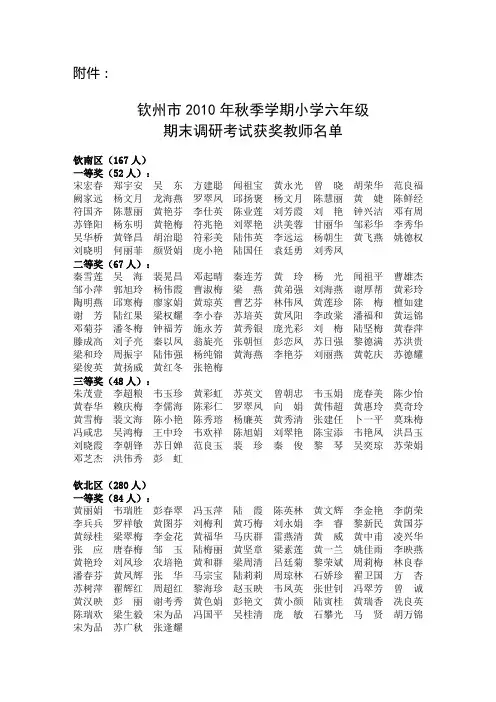 钦州市2010年秋季学期小学六年级 期末调研考试获奖教师名单