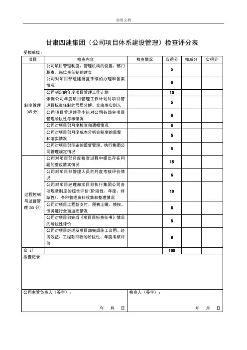项目管理系统检查评分表(2016)