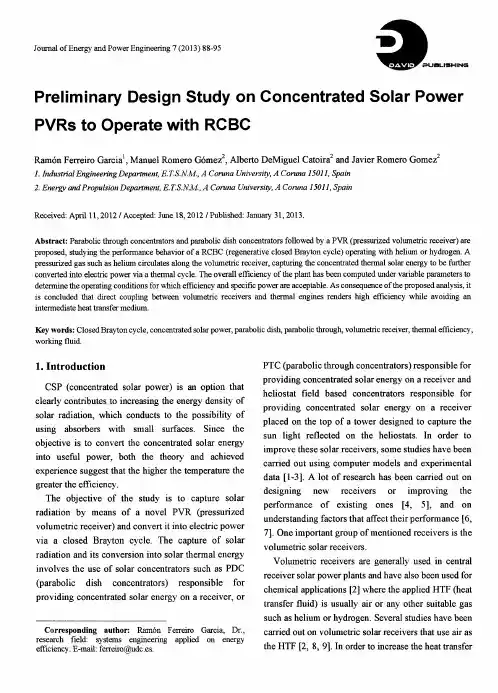 Preliminary Design Study on Concentrated Solar Power PVRs to Operate with RCBC