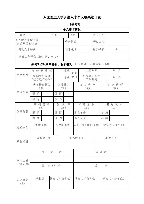 引进人才个人成果统计表