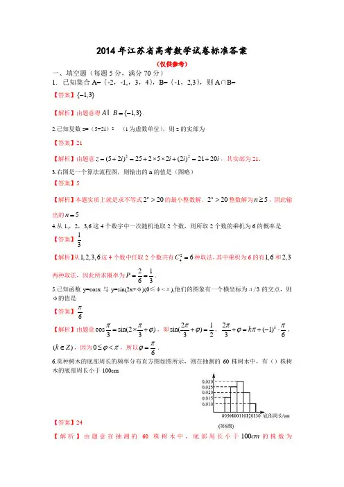 2014年江苏省高考数学试卷标准答案