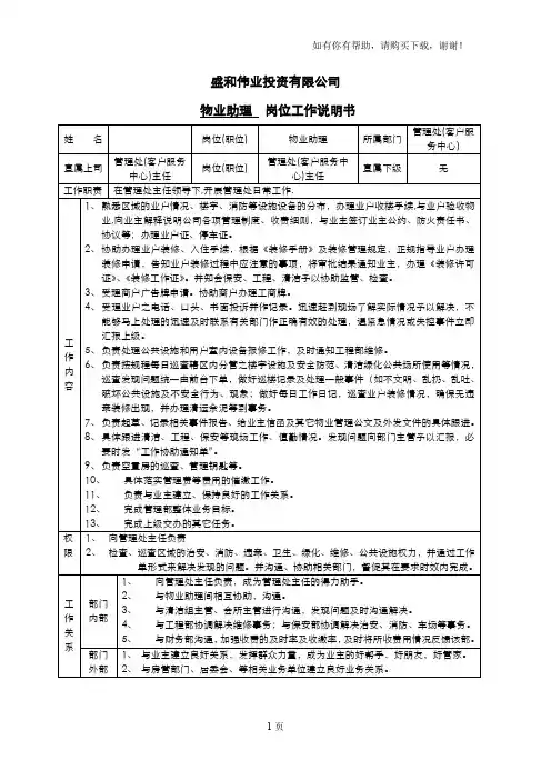 管理处物业助理岗位工作说明书