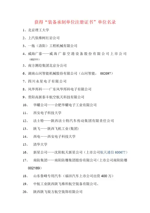获得“装备承制单位注册证书”单位